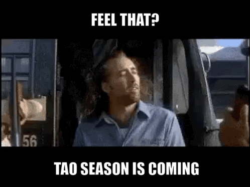 A Man With A Beard Is Sitting In A Car With The Words Feel That Tao Season Is Coming GIF