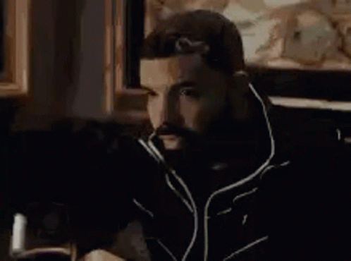 A Man With A Beard Is Sitting In A Chair In Front Of A Painting In A Room . GIF