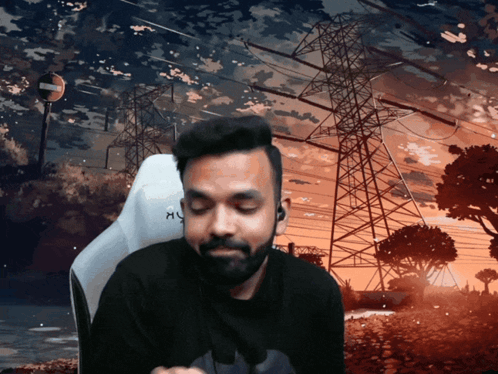 A Man With A Beard Is Sitting In Front Of A Sunset With A Sign That Says No Entry GIF