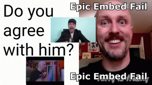 A Man With A Beard Is Smiling In Front Of A Sign That Says Epic Embed Fail GIF