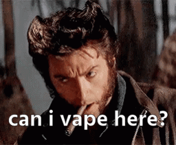a man with a beard is smoking a cigarette and asking if he can vape here .