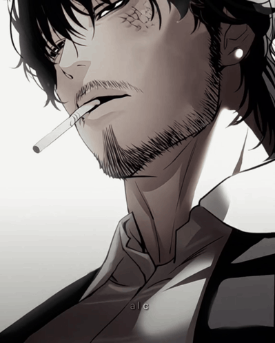 A Man With A Beard Is Smoking A Cigarette And The Word Alc Is On The Bottom Left GIF
