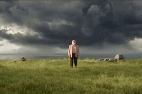 Bearded Man In Field With Stormy Sky GIF