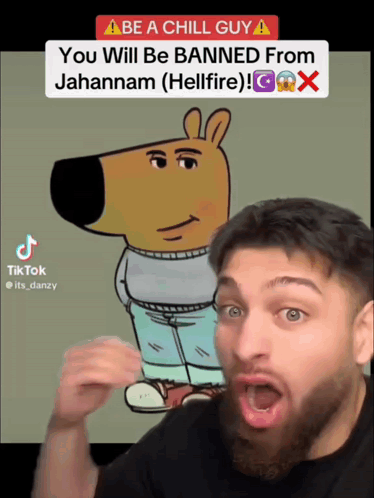 A Man With A Beard Is Standing In Front Of A Cartoon Character That Says Be A Chill Guy GIF