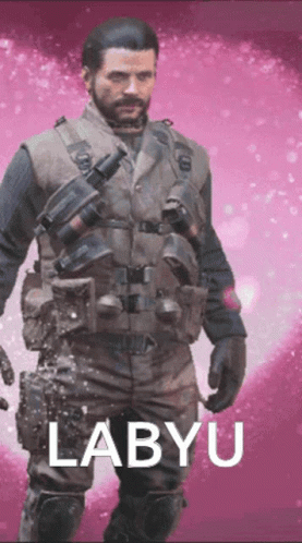 A Man With A Beard Is Standing In Front Of A Pink Background With The Name Labyu On It GIF