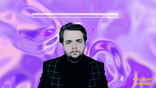 A Man With A Beard Is Standing In Front Of A Purple Background With The Name Emile Allman Written On It GIF