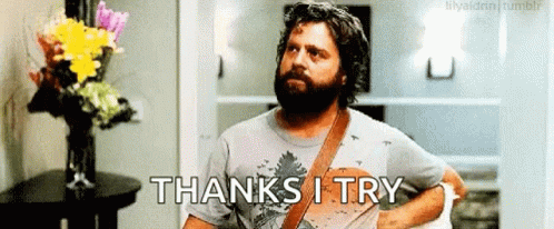 A Man With A Beard Is Standing In Front Of A Vase Of Flowers And Says `` Thanks I Try '' GIF