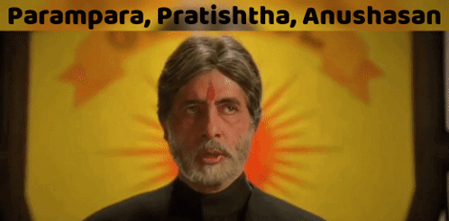 A Man With A Beard Is Standing In Front Of A Yellow Background With The Words Parampara Pratishtha Anushasan GIF