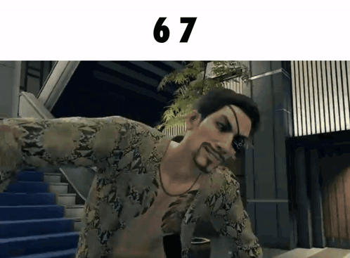 A Man With A Beard Is Standing In Front Of Stairs With The Number 67 Above Him GIF