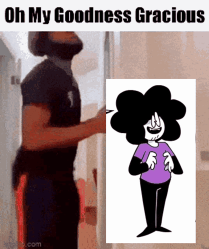 A Man With A Beard Is Standing Next To A Picture Of A Cartoon Character With The Caption Oh My Goodness Gracious GIF