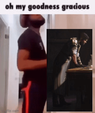 A Man With A Beard Is Standing Next To A Picture Of A Man With A Sword And The Caption Oh My Goodness Gracious GIF