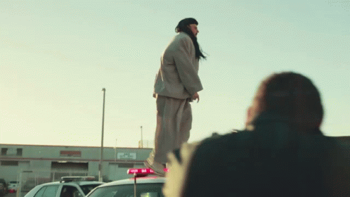 A Man With A Beard Is Standing On Top Of A Car GIF
