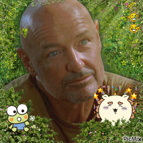 A Man With A Beard Is Surrounded By A Frog And Flowers And Says Picmix On The Bottom Right GIF