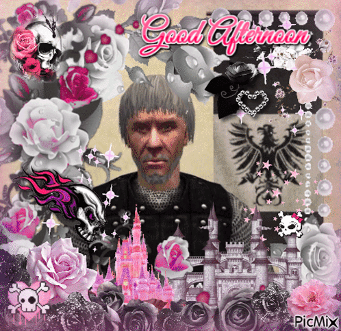 A Man With A Beard Is Surrounded By Pink Roses And A Castle And Says Good Afternoon GIF
