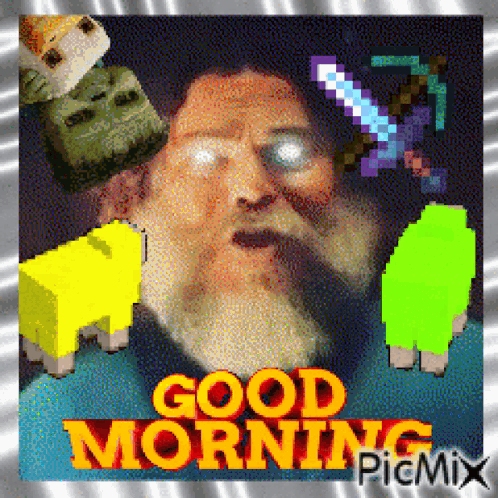 A Man With A Beard Is Surrounded By Pixelated Animals And The Words Good Morning GIF