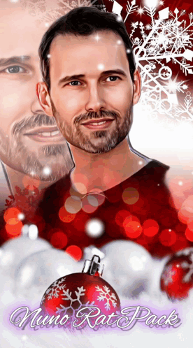 A Man With A Beard Is Surrounded By Red And White Christmas Ornaments And The Name Nano Rat Pack GIF