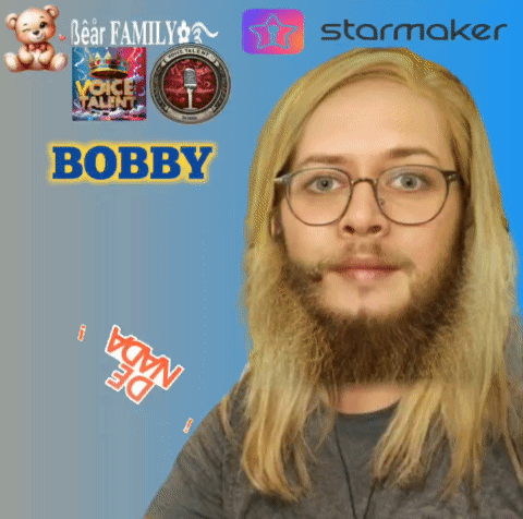 A Man With A Beard Is Surrounded By Various Logos Including Bear Family Voice Talent Starmaker And De Nada GIF
