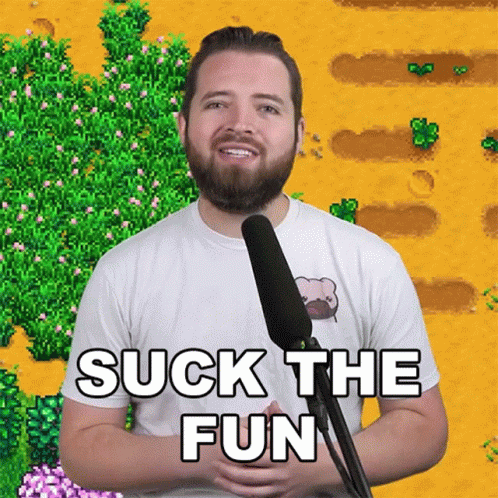 A Man With A Beard Is Talking Into A Microphone With The Words Suck The Fun Above Him GIF