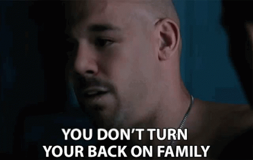 A Man With A Beard Is Talking To Another Man And Says `` You Don 'T Turn Your Back On Family '' GIF