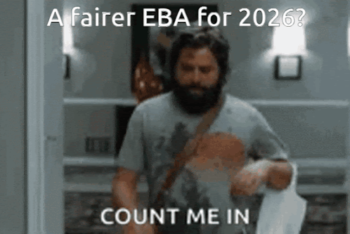 A Man With A Beard Is Walking Down A Hallway With The Words " A Fairer Eba For 2026 " GIF
