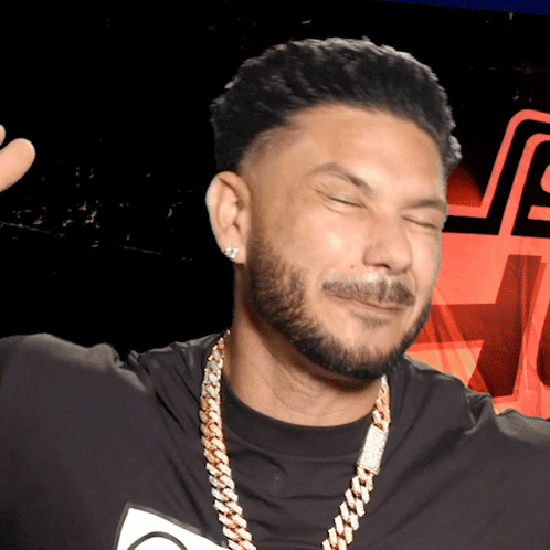 A Man With A Beard Is Wearing A Black Shirt And A Gold Chain GIF