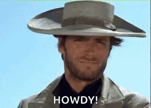 A Man With A Beard Is Wearing A Cowboy Hat And A Jacket And Says Howdy . GIF
