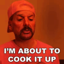 A Man With A Beard Is Wearing A Hat And A Red Shirt And Says I 'M About To Cook It Up GIF