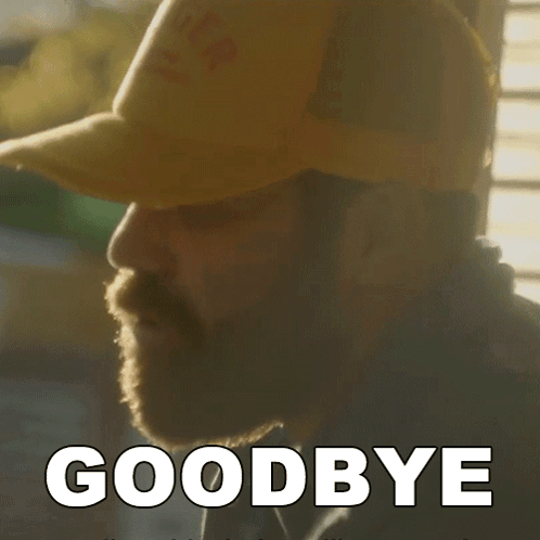 A Man With A Beard Is Wearing A Hat And The Word Goodbye Is Above Him GIF