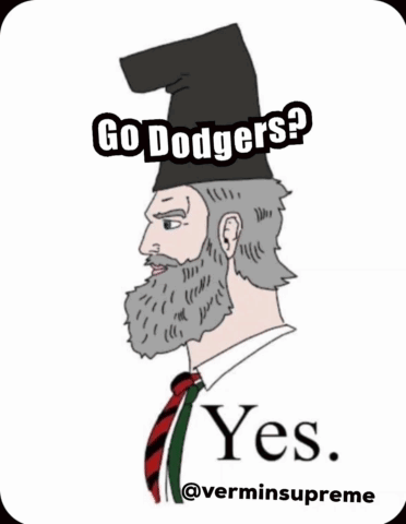 A Man With A Beard Is Wearing A Hat And Tie And Says Go Dodgers Yes GIF