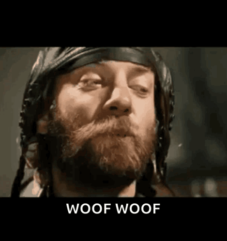 A Man With A Beard Is Wearing A Helmet And The Words Woof Woof Are Above Him . GIF