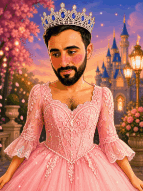 A Man With A Beard Is Wearing A Pink Dress And A Crown GIF
