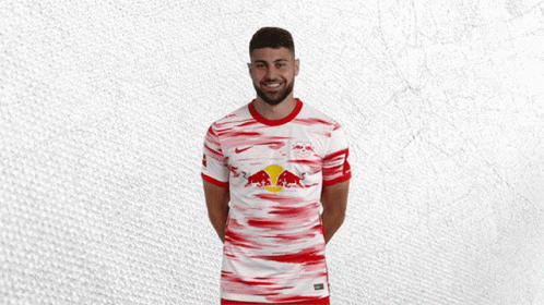 a man with a beard is wearing a red and white shirt with a bull on it