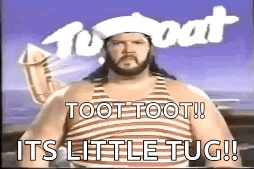A Man With A Beard Is Wearing A Striped Tank Top With The Words Toot Toot Its Little Tug Written On It . GIF
