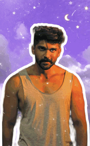 A Man With A Beard Is Wearing A Tank Top With A Purple Sky In The Background GIF