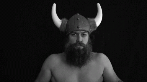 A Man With A Beard Is Wearing A Viking Helmet With Horns GIF