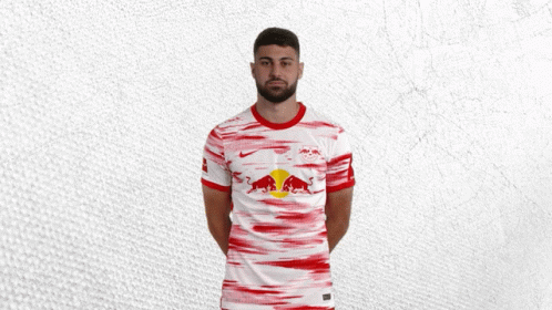 a man with a beard is wearing a white and red shirt with red bulls on it