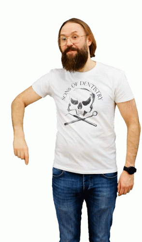 A Man With A Beard Is Wearing A White Shirt That Says Sons Of Dentistry GIF
