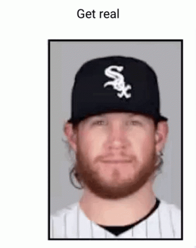 a man with a beard is wearing a white sox hat and a striped shirt .
