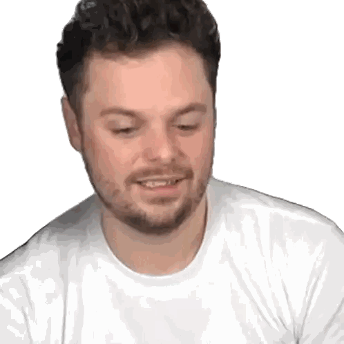 a man with a beard is wearing a white t-shirt