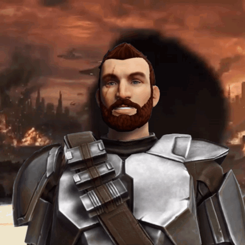 A Man With A Beard Is Wearing Armor And Smiling In Front Of A Burning City GIF
