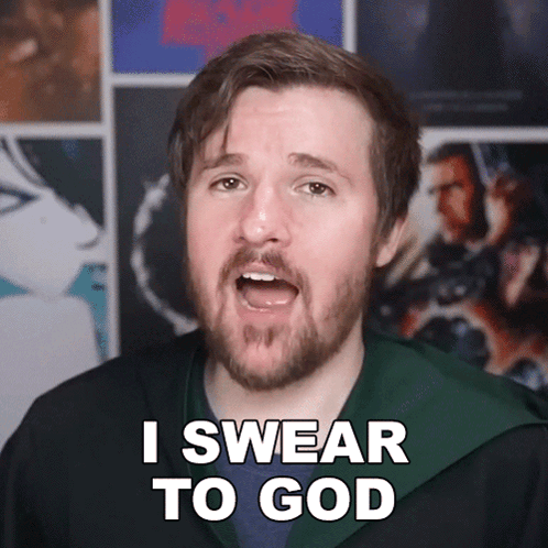 a man with a beard says " i swear to god " with his mouth open