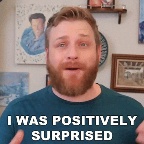 A Man With A Beard Says " I Was Positively Surprised " In Front Of Paintings GIF