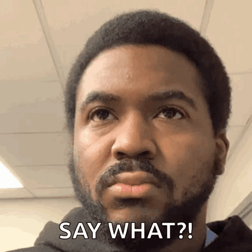A Man With A Beard Says " Say What " In Front Of His Face GIF