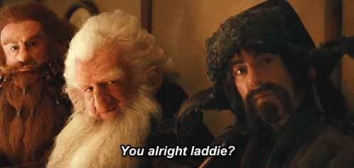 A Man With A Beard Says " You Alright Laddie " To Another Man GIF