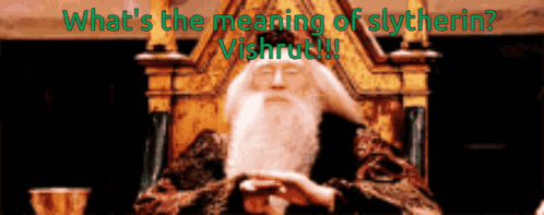 A Man With A Beard Sitting On A Throne With The Words What 'S The Meaning Of Slytherin GIF