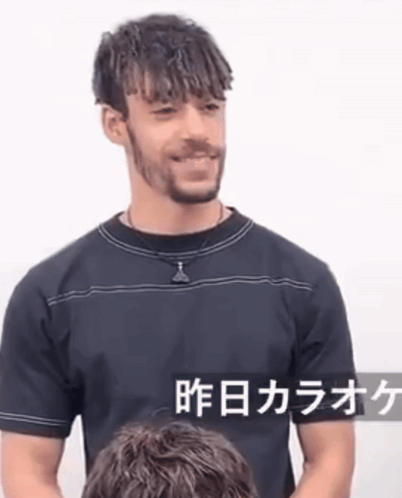 A Man With A Beard Wearing A Black Shirt With Chinese Writing On The Bottom GIF