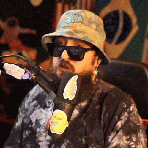 a man with a beard wearing a bucket hat and sunglasses is sitting in front of a microphone