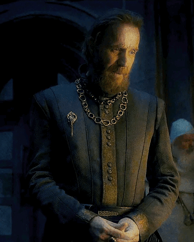 a man with a beard wearing a chain around his neck and a brooch