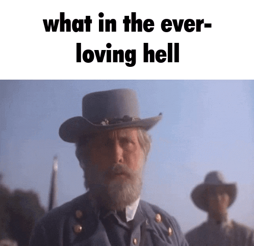 A Man With A Beard Wearing A Cowboy Hat With The Words What In The Ever Loving Hell GIF