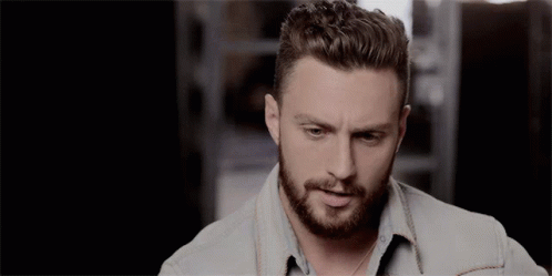 a man with a beard wearing a denim shirt looks at the camera